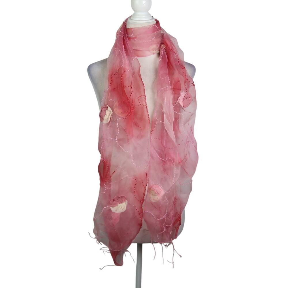 Vintage 90s Pink Ombre Sheer Silk Scarf Beaded + 3D Rosette Flowers